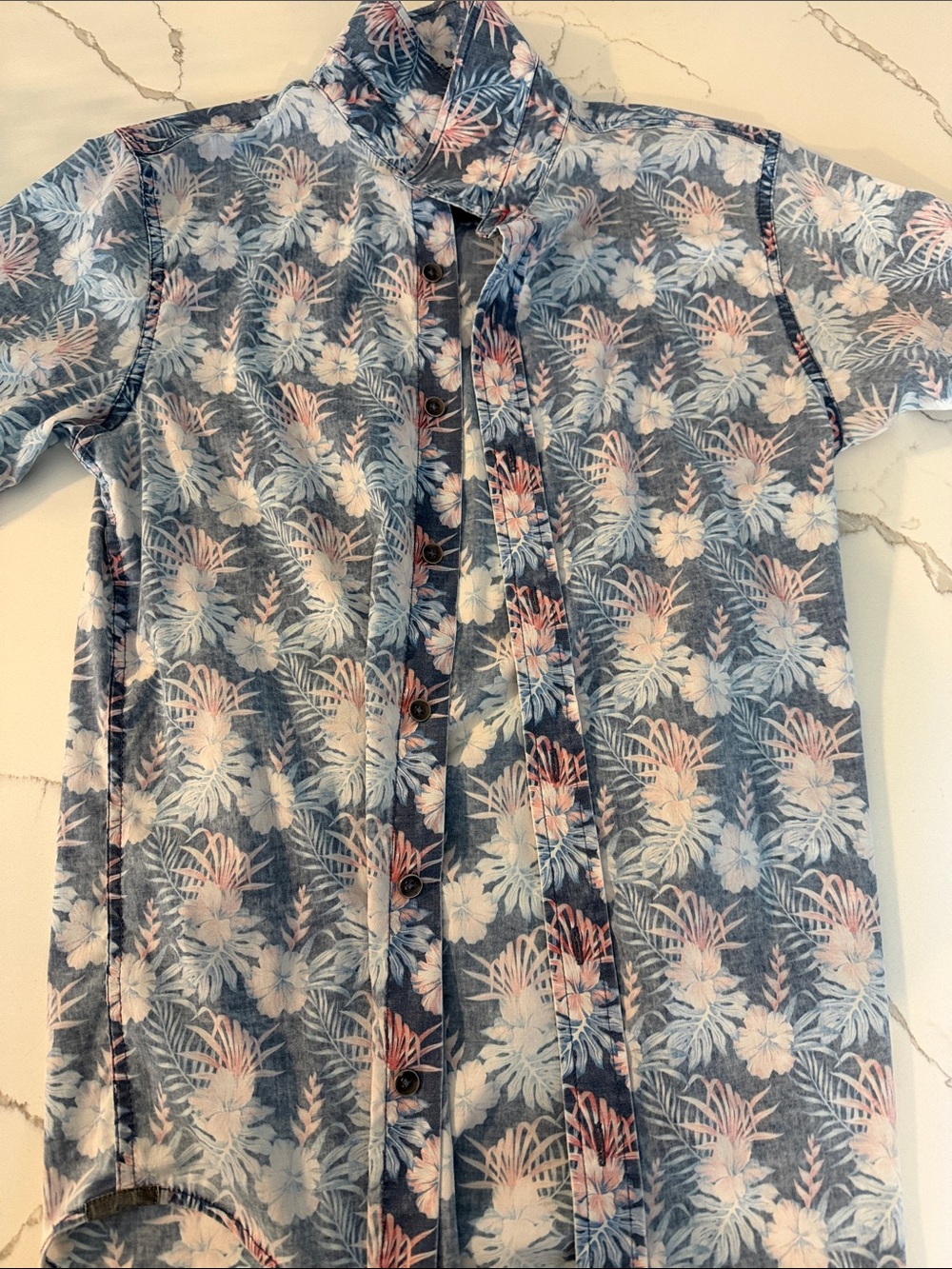 Kids Short-Sleeve Floral Button-Down Shirt - Blue & Pink